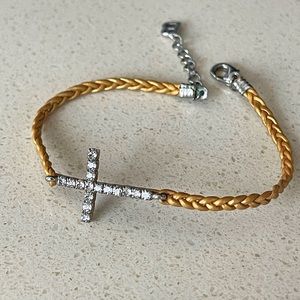 Dainty Rhinestone Cross Braided Leather Bracelet